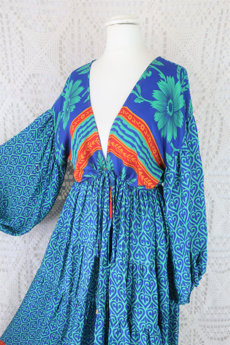 Gypsophila Midi Dress - Vintage Indian Sari - Prussian, Tango & Ruby Floral - Free Size M/L
