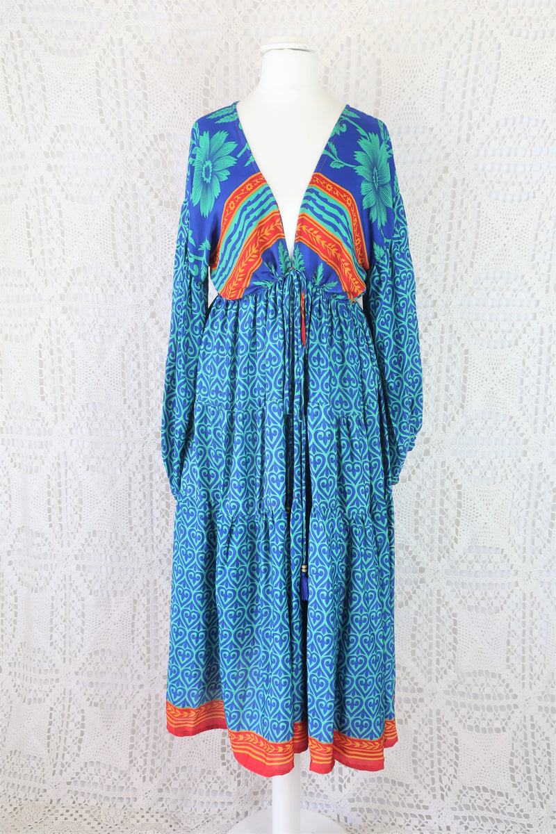 Gypsophila Midi Dress - Vintage Indian Sari - Prussian, Tango & Ruby Floral - Free Size M/L