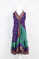 Blossom Mini Halter Dress - Vintage Indian Sari - Purple, Teal & Gold - S/M