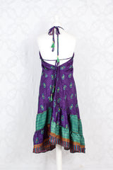 Blossom Mini Halter Dress - Vintage Indian Sari - Purple, Teal & Gold - S/M