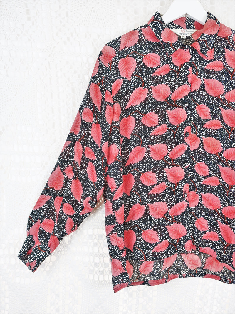 70's Vintage - Black & Pink Floral Leaf Shirt - Size S/M