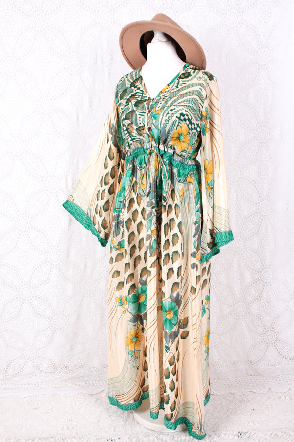 Lily Maxi Dress - Peachy Cream & Jade Floral Vintage Sari - Size S/M