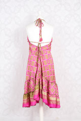 Blossom Mini Halter Dress - Vintage Indian Sari - Pink & Sand Chequer - S/M