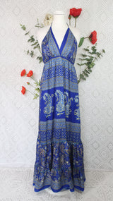 Cherry Halter-Neck Maxi Dress - Royal Blue & Lemon Floral Sari (S/M - M/L)