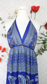 Cherry Halter-Neck Maxi Dress - Royal Blue & Lemon Floral Sari (S/M - M/L)