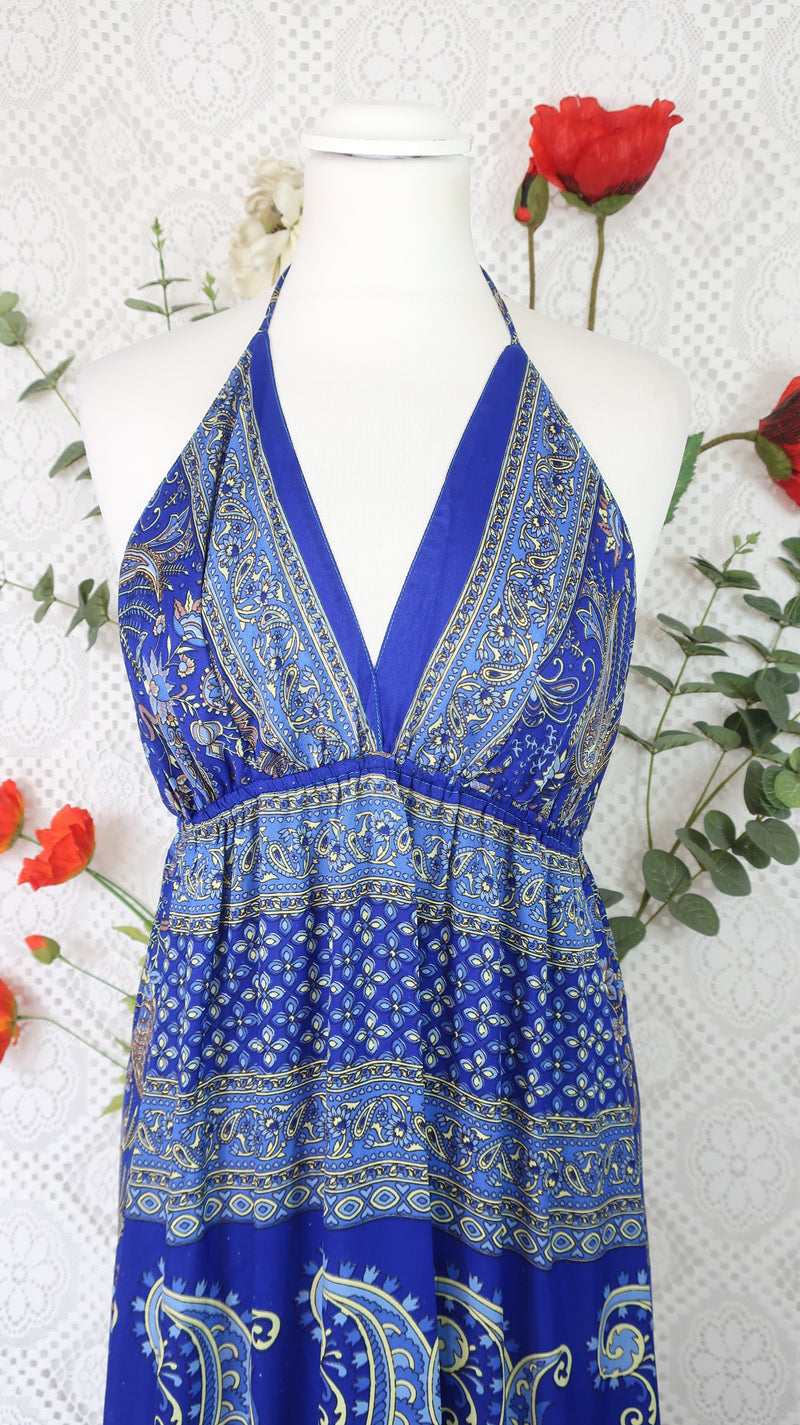 Cherry Halter-Neck Maxi Dress - Royal Blue & Lemon Floral Sari (S/M - M/L)