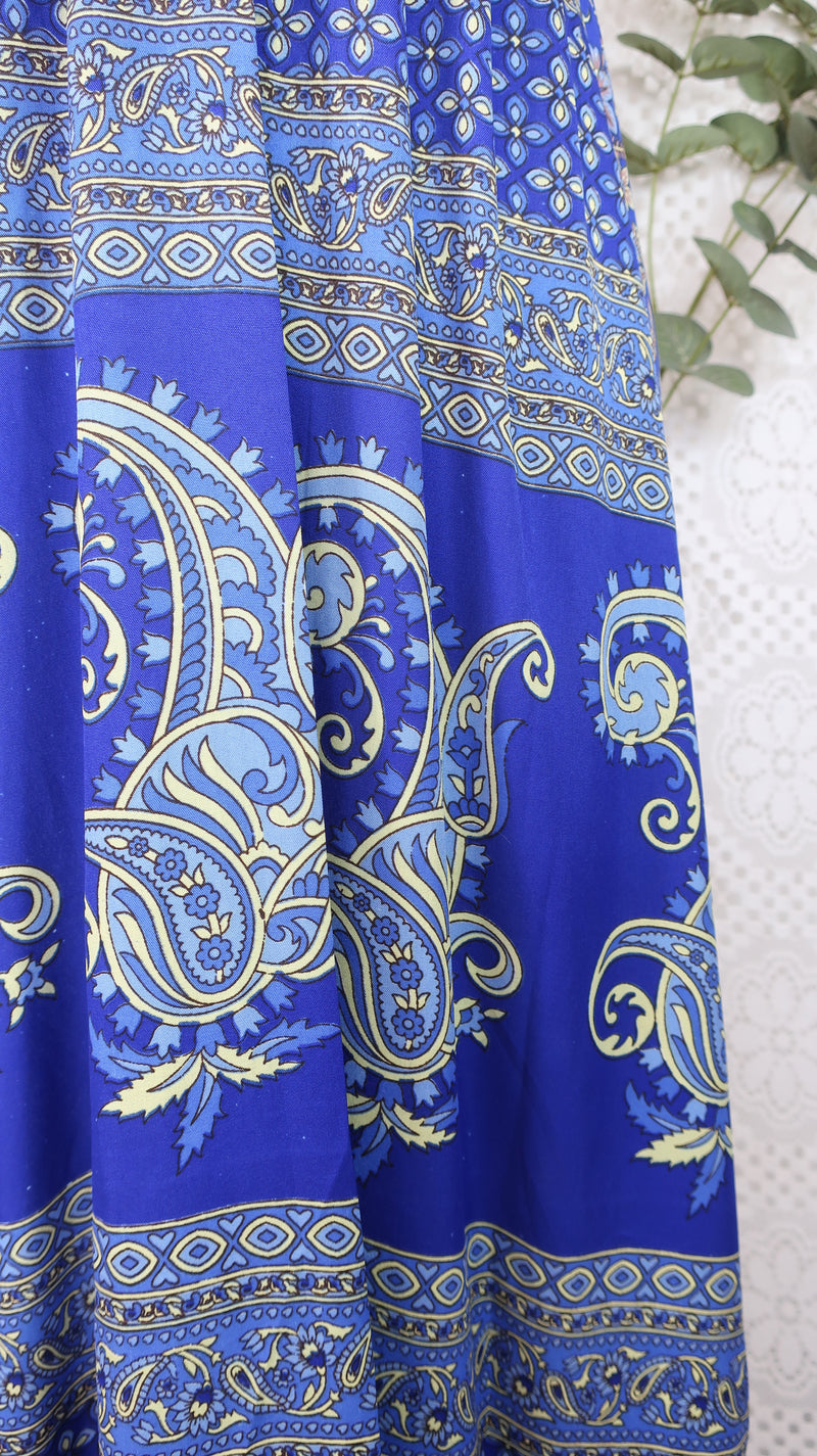Cherry Halter-Neck Maxi Dress - Royal Blue & Lemon Floral Sari (S/M - M/L)