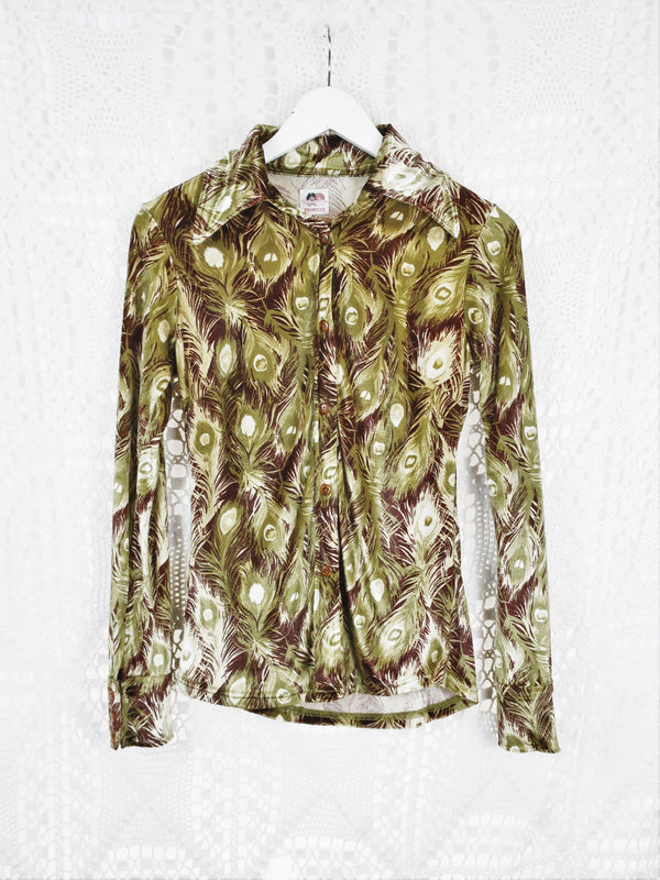70's Vintage - Velvet Peacock Feather Shirt - Olive & Brown - Size S