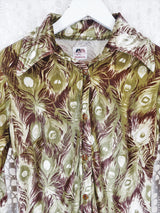 70's Vintage - Velvet Peacock Feather Shirt - Olive & Brown - Size S