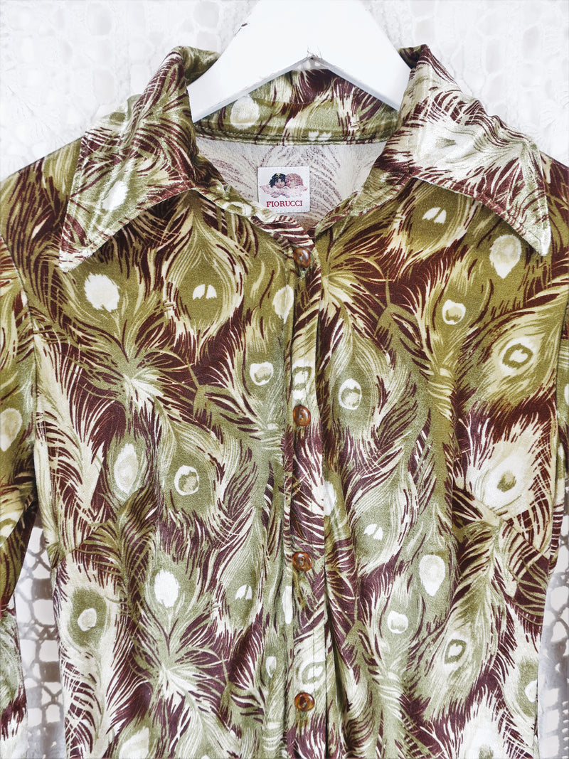 70's Vintage - Velvet Peacock Feather Shirt - Olive & Brown - Size S
