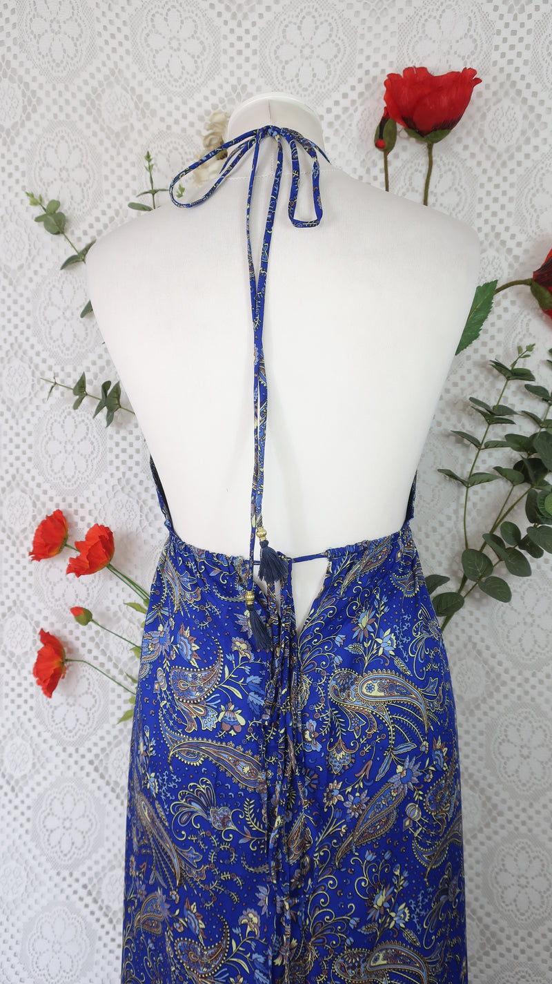 Cherry Halter-Neck Maxi Dress - Royal Blue & Lemon Floral Sari (S/M - M/L)