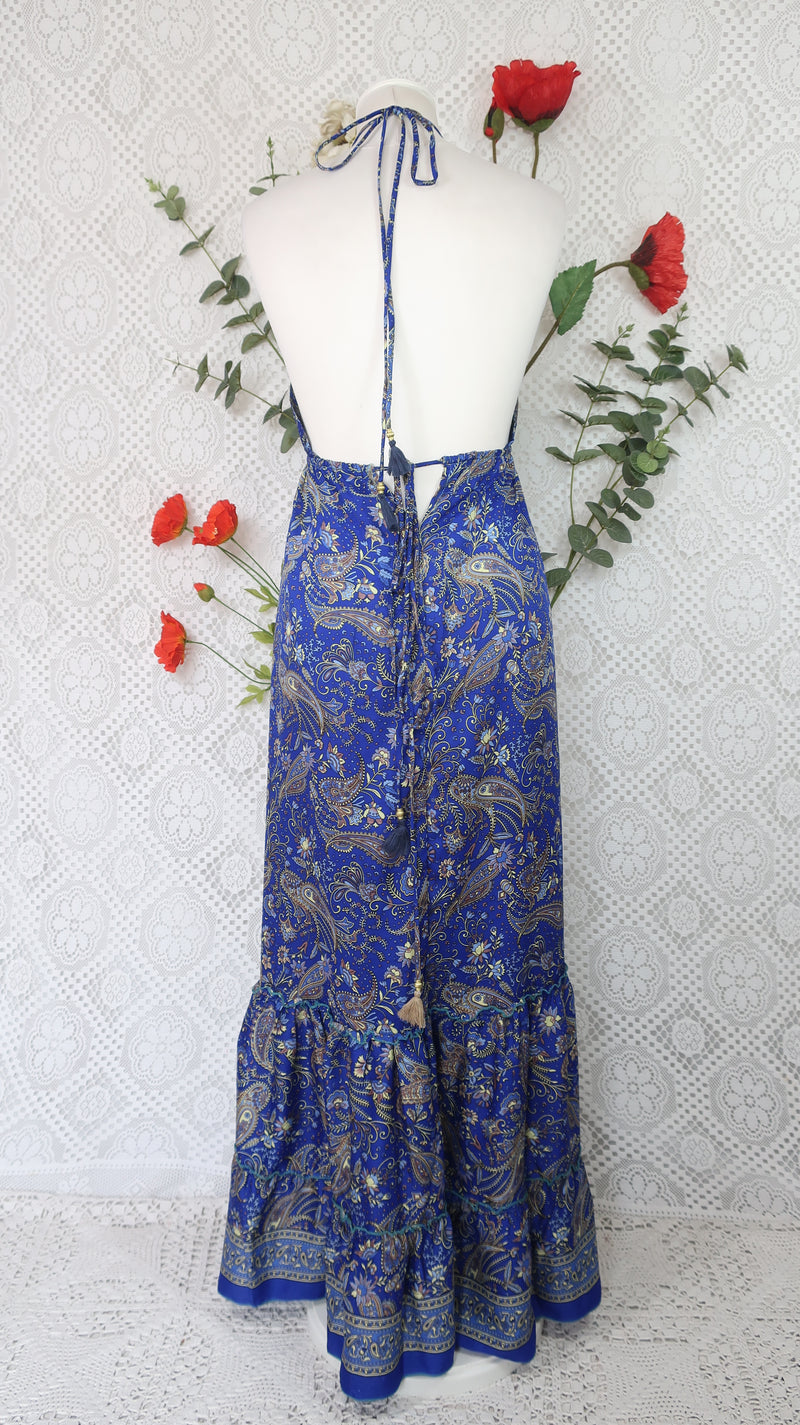 Cherry Halter-Neck Maxi Dress - Royal Blue & Lemon Floral Sari (S/M - M/L)