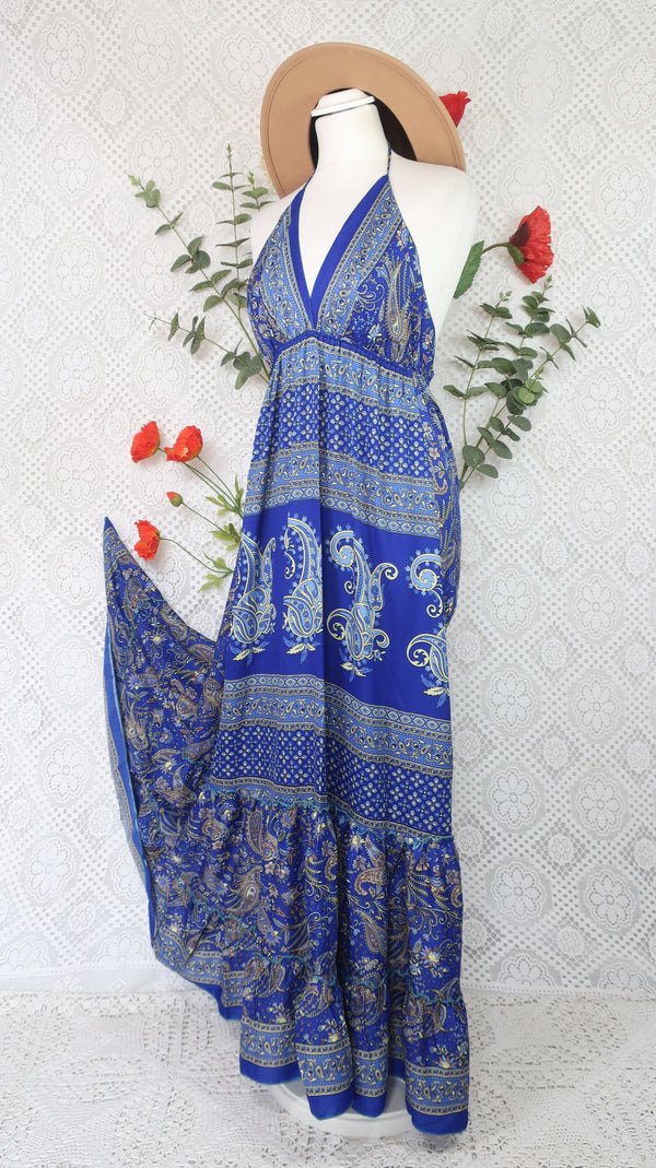 Cherry Halter-Neck Maxi Dress - Royal Blue & Lemon Floral Sari (S/M - M/L)