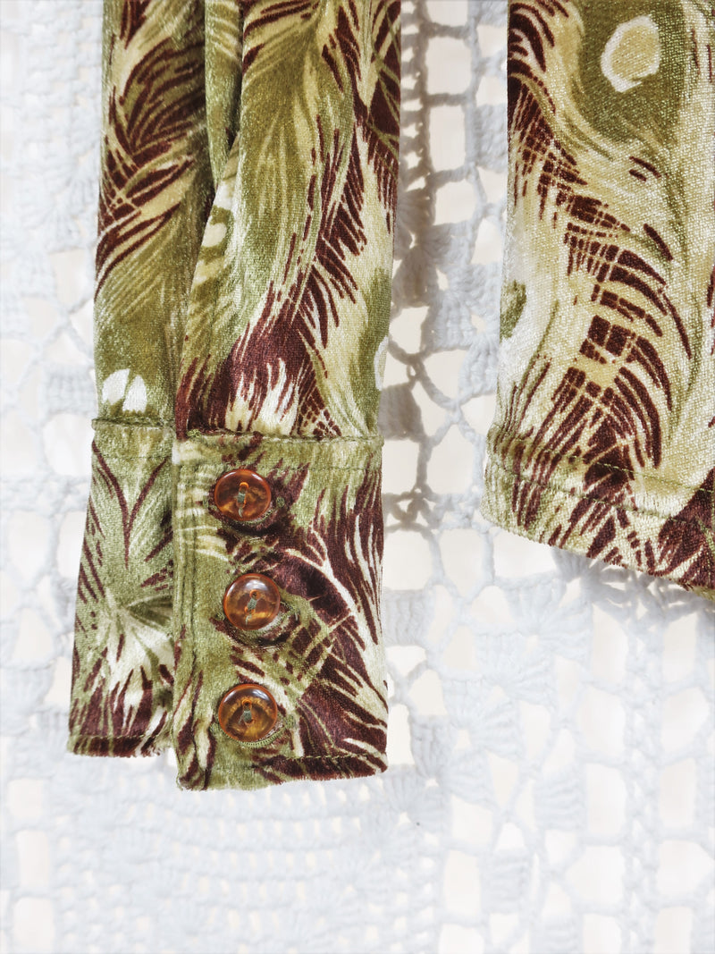 70's Vintage - Velvet Peacock Feather Shirt - Olive & Brown - Size S
