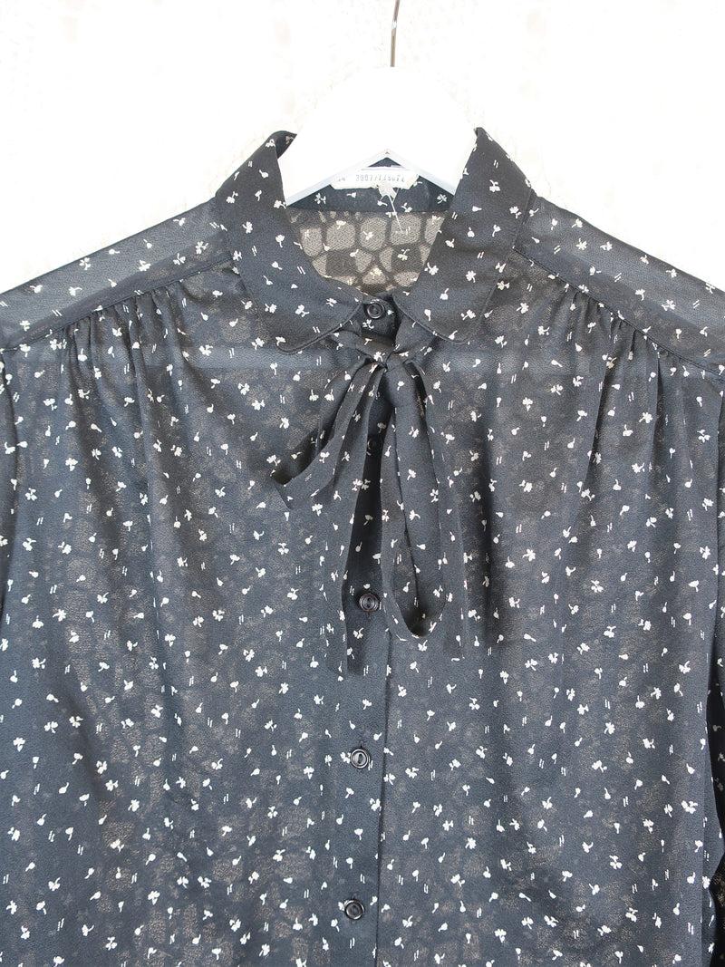 70's Vintage - Black & White Sheer Floral Shirt - Size L/XL