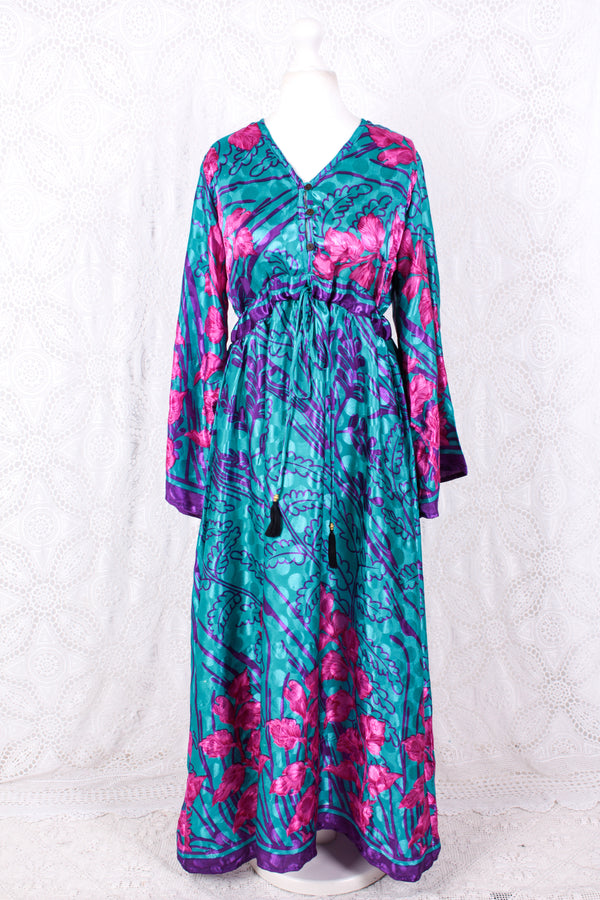 Lily Maxi Dress - Blue & Pink Shimmer Vintage Sari - Size S/M