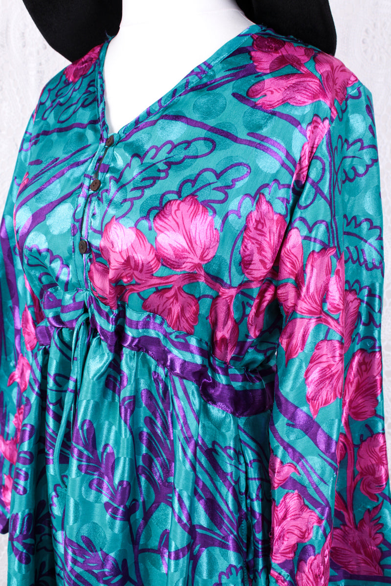 Lily Maxi Dress - Blue & Pink Shimmer Vintage Sari - Size S/M