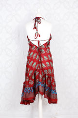 Blossom Mini Halter Dress - Vintage Indian Sari - Sheer Ruby Floral - S/M