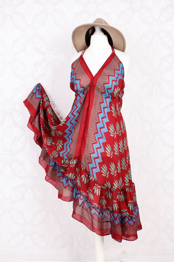 Blossom Mini Halter Dress - Vintage Indian Sari - Sheer Ruby Floral - S/M