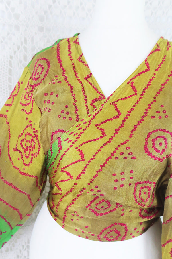 Lola Bohemian Wrap Top - Vintage Indian Sari - Apple, Lime & Plum Mosaic - XXL