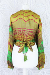 Lola Bohemian Wrap Top - Vintage Indian Sari - Apple, Lime & Plum Mosaic - XXL