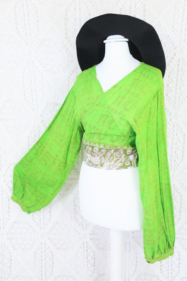 Lola Bohemian Wrap Top - Vintage Indian Cotton - Sweet Green & Chocolate Menagerie  - L