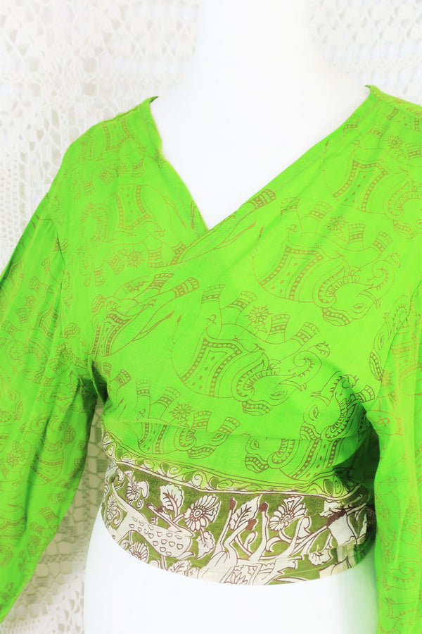 Lola Bohemian Wrap Top - Vintage Indian Cotton - Sweet Green & Chocolate Menagerie  - L