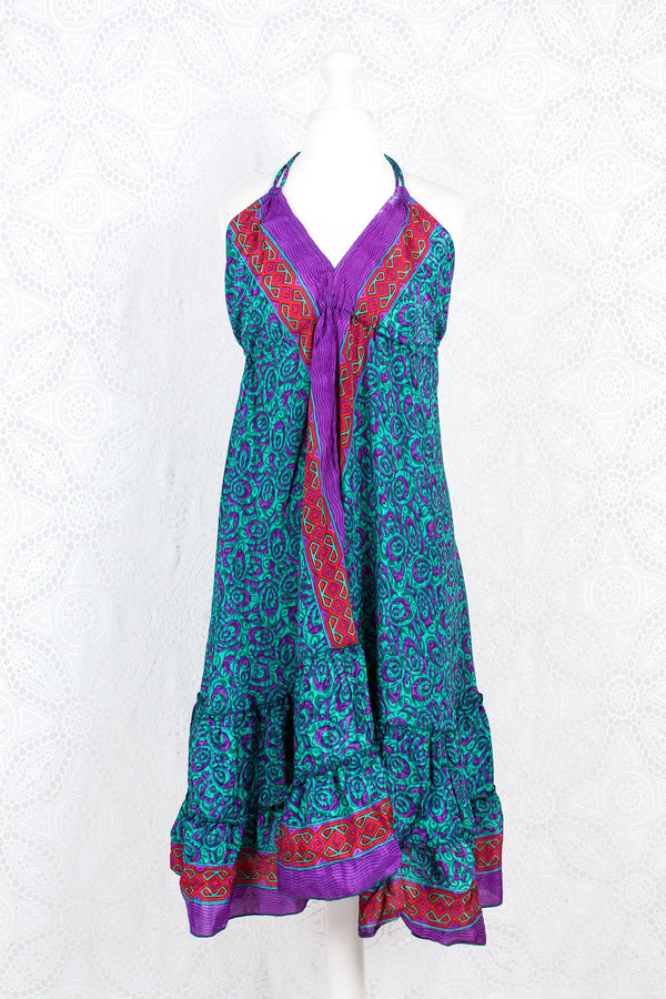 Blossom Mini Halter Dress - Vintage Indian Sari - Purple Teal & Crimson - M/L