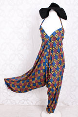 Medusa Jumpsuit - Harem Pant Halter Jumpsuit - Navy, Rose & Yellow Cheque - XS