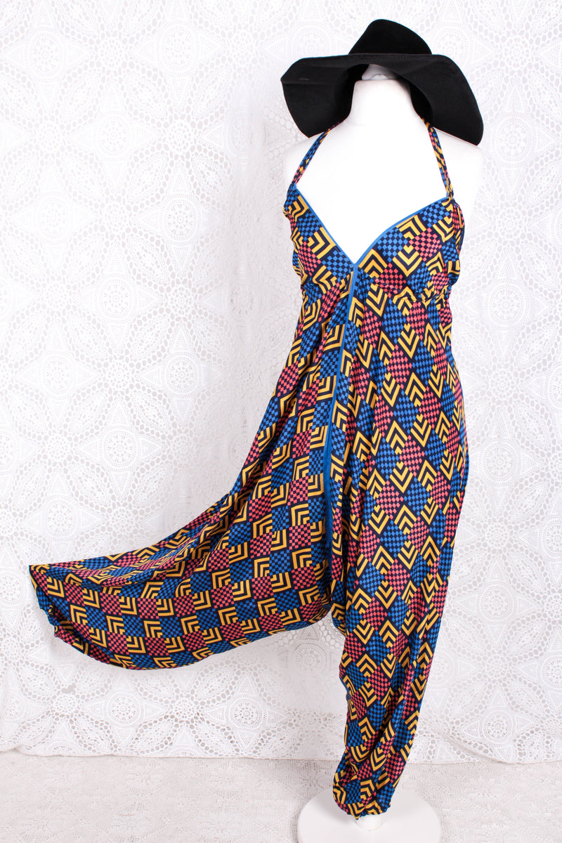 Medusa Jumpsuit - Harem Pant Halter Jumpsuit - Navy, Rose & Yellow Cheque - XS