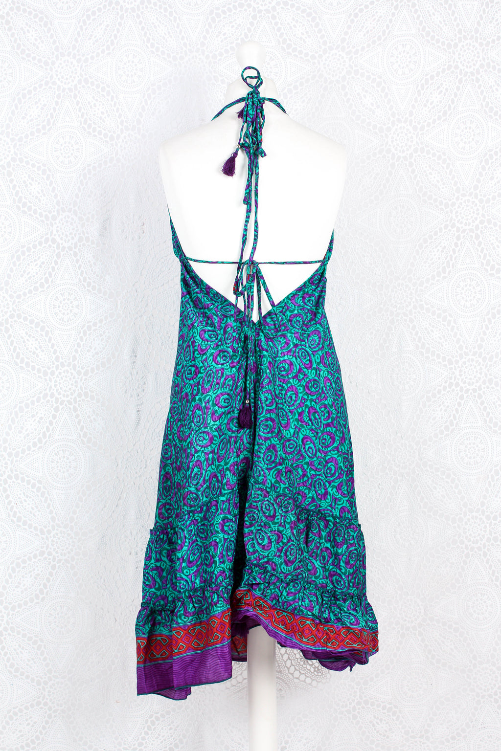 Blossom Mini Halter Dress - Vintage Indian Sari - Purple Teal & Crimson - M/L