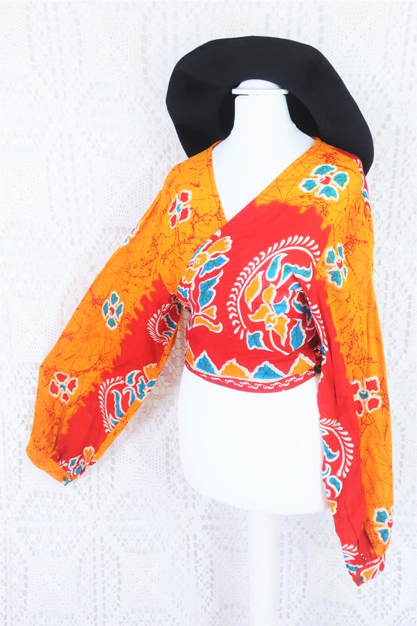 Lola Bohemian Wrap Top - Vintage Indian Cotton - Sunset Orange & Red Marbled Paisley - L/XL
