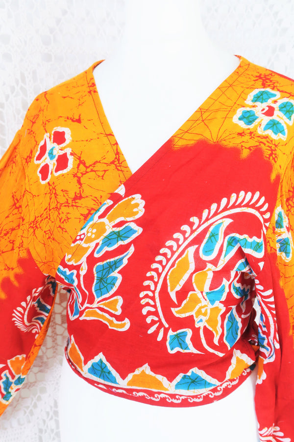 Lola Bohemian Wrap Top - Vintage Indian Cotton - Sunset Orange & Red Marbled Paisley - L/XL