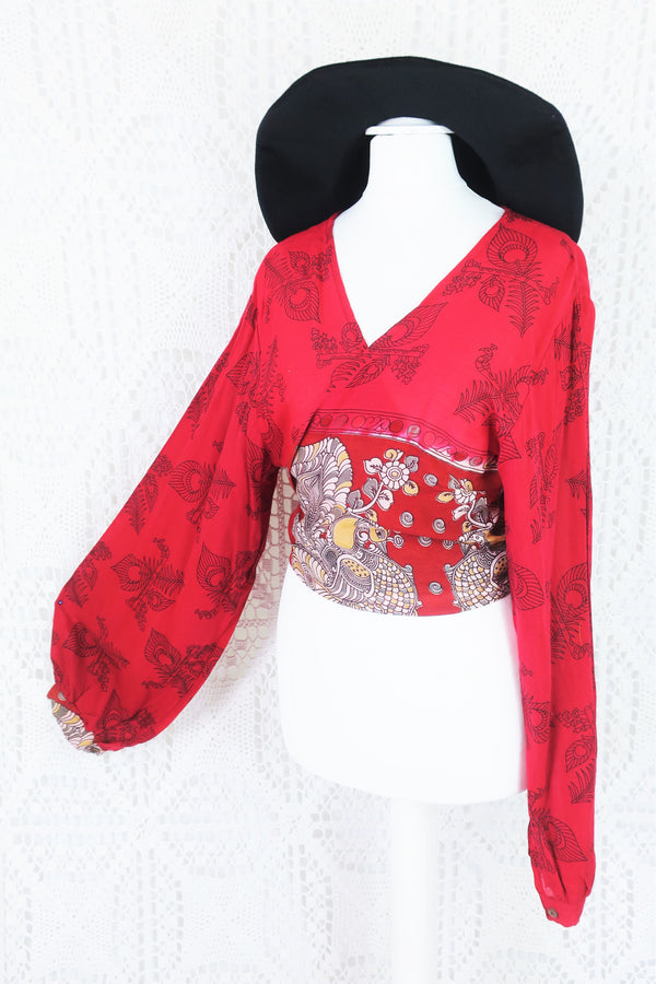 Lola Bohemian Wrap Top - Vintage Indian Cotton - Ruby Red Peacock Feather Flutes - L