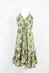 Blossom Mini Halter Dress - Vintage Indian Sari - White & Green Paisley - M/L