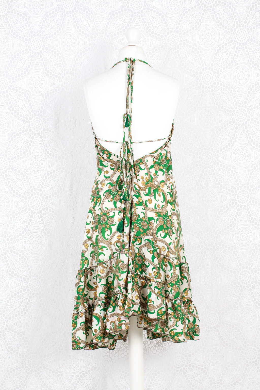Blossom Mini Halter Dress - Vintage Indian Sari - White & Green Paisley - M/L