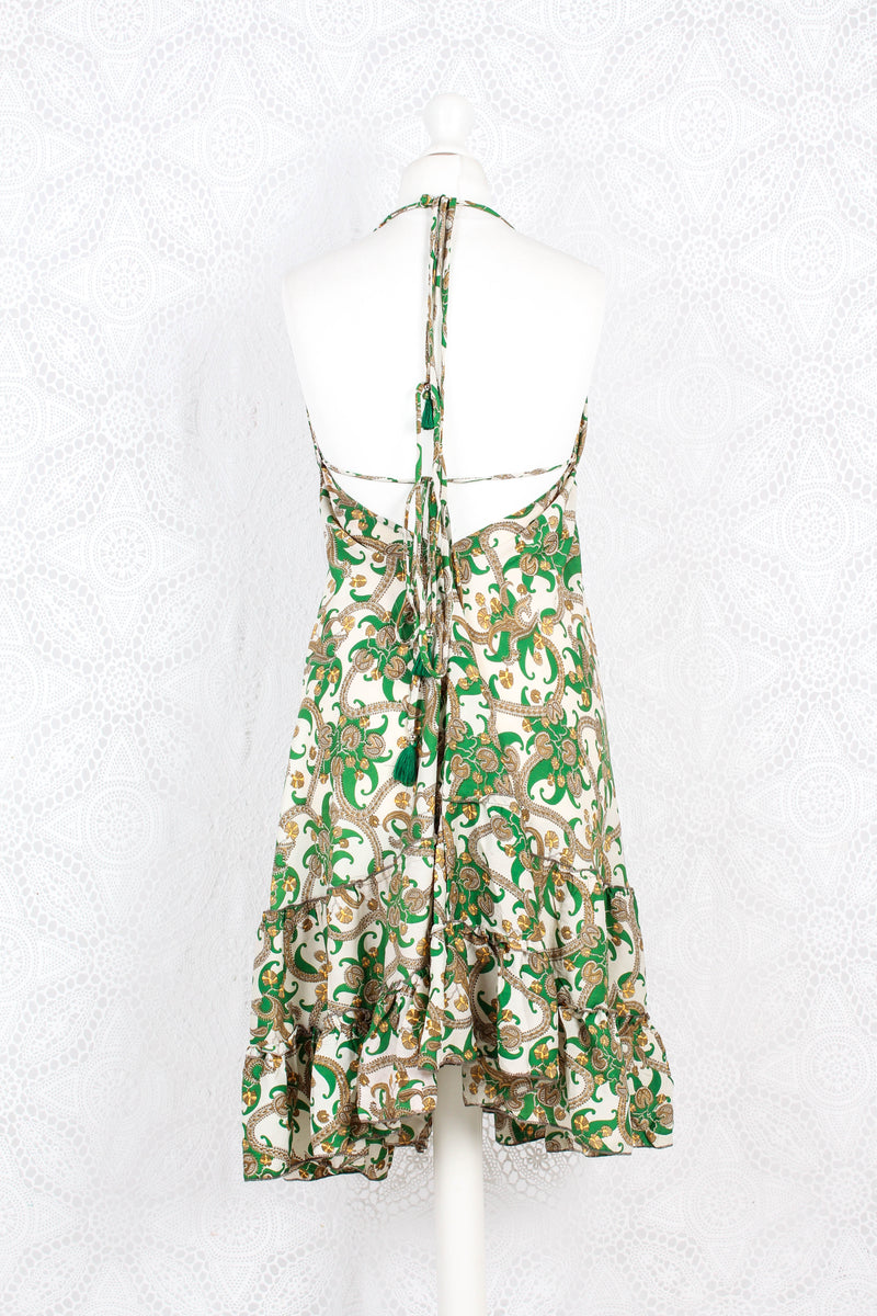 Blossom Mini Halter Dress - Vintage Indian Sari - White & Green Paisley - M/L