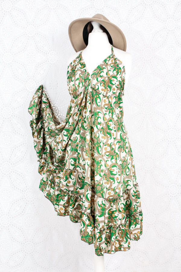 Blossom Mini Halter Dress - Vintage Indian Sari - White & Green Paisley - M/L