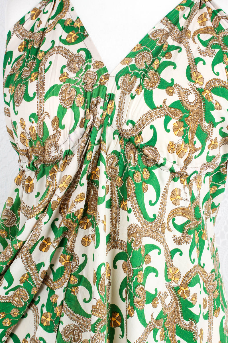 Blossom Mini Halter Dress - Vintage Indian Sari - White & Green Paisley - M/L