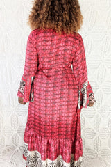 Sylvia Wrap Dress - Vintage Indian Sari - Crimson & Jet Indian Motif (S/M)