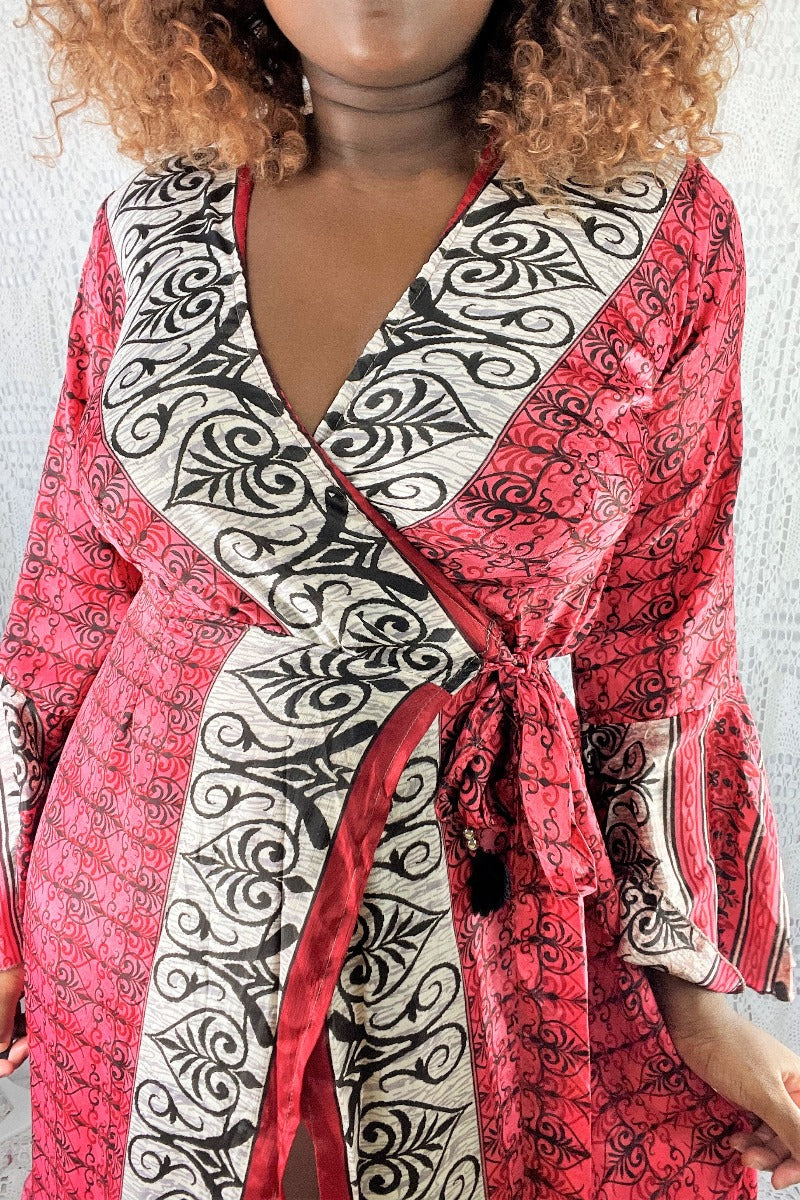 Sylvia Wrap Dress - Vintage Indian Sari - Crimson & Jet Indian Motif (S/M)