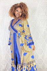 Sylvia Wrap Dress - Vintage Indian Sari - Gold & Cobalt (S/M)