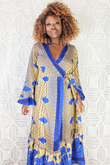 Sylvia Wrap Dress - Vintage Indian Sari - Gold & Cobalt (S/M)