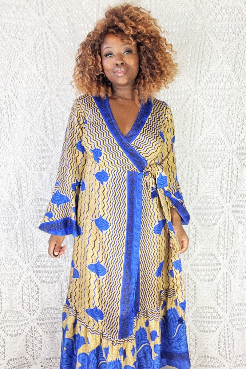 Sylvia Wrap Dress - Vintage Indian Sari - Gold & Cobalt (S/M)