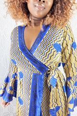 Sylvia Wrap Dress - Vintage Indian Sari - Gold & Cobalt (S/M)