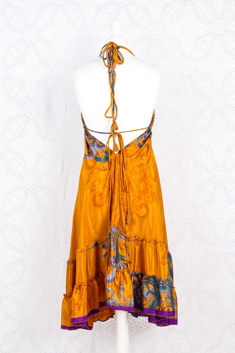 Blossom Mini Halter Dress - Vintage Indian Sari - Honey Gold Abstract - M/L