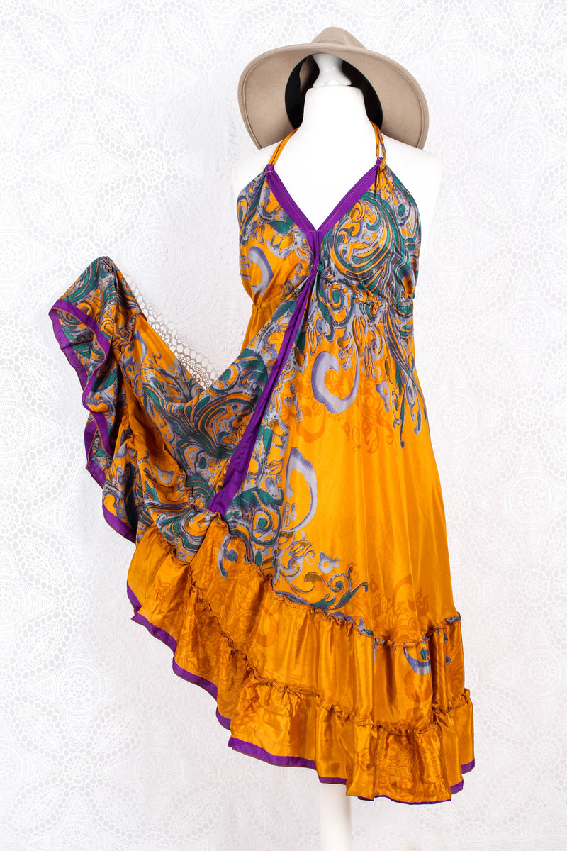 Blossom Mini Halter Dress - Vintage Indian Sari - Honey Gold Abstract - M/L