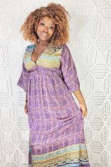 Lunar Maxi Dress - Vintage Indian Sari - Purple Gold & Teal - S/M