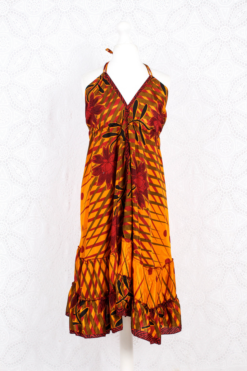 Blossom Mini Halter Dress - Vintage Indian Sari - Amber & Garnet Flower - M/L