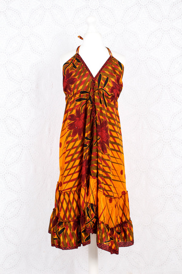Blossom Mini Halter Dress - Vintage Indian Sari - Amber & Garnet Flower - M/L